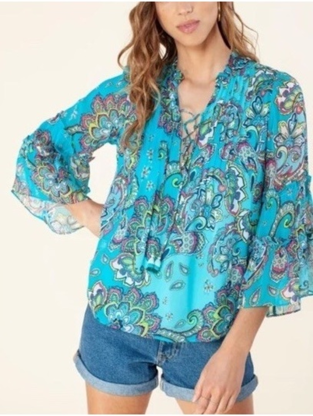 Hale Bob Turquoise Paisley Tassel Tie Bell Sleeve Tunic Bla Blouse Size M $178